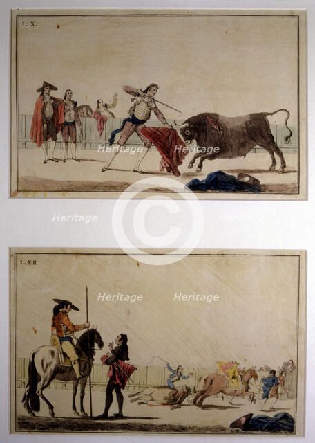  'Suerte de Matar' (Bullfighting stage), colored engraving by Antonio Carnicero.