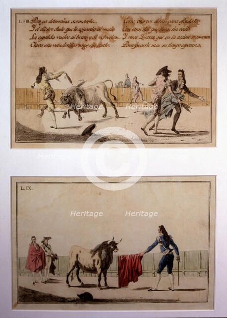  'Suerte de Banderillas' (Bullfighting stage), colored engraving by Antonio Carnicero.