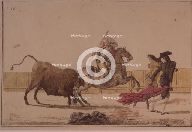  'Suerte de Varas' (Bullfighting stage), colored engraving by Antonio Carnicero.