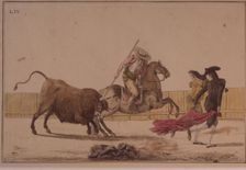 Suerte de Varas (Bullfighting stage), colored engraving by Antonio Carnicero