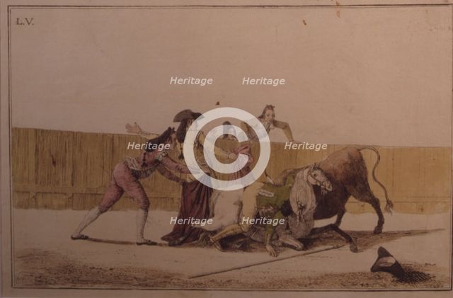  'Suerte de Varas' (Bullfighting stage), colored engraving by Antonio Carnicero.