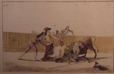 Suerte de Varas (Bullfighting stage), colored engraving by Antonio Carnicero