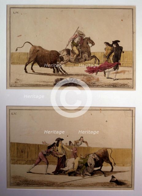  'Suerte de Varas' (Bullfighting stage), colored engraving by Antonio Carnicero.