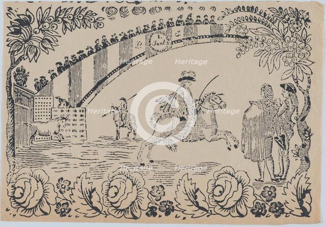 Suerte I: Bull entering the bullring after a law officer on horseback; two toreros ..., ca. 1850-80. Creator: Anon.