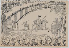 Suerte I: Bull entering the bullring after a law officer on horseback; two toreros ..., ca. 1850-80. Creator: Anon
