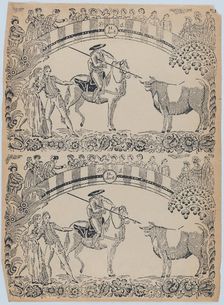 Suerte II: Picador on horseback about to stab a bull with a pique; two toreros behi..., ca. 1850-80. Creator: Anon