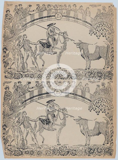 Suerte II: Picador on horseback about to stab a bull with a pique; two toreros behi..., ca. 1850-80. Creator: Anon.