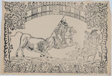Suerte III: Picador stabbing a bull; two toreros running to right, ca. 1850-80., ca. 1850-80. Creator: Anon