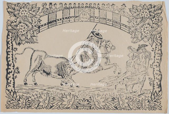 Suerte III: Picador stabbing a bull; two toreros running to right, ca. 1850-80., ca. 1850-80. Creator: Anon.