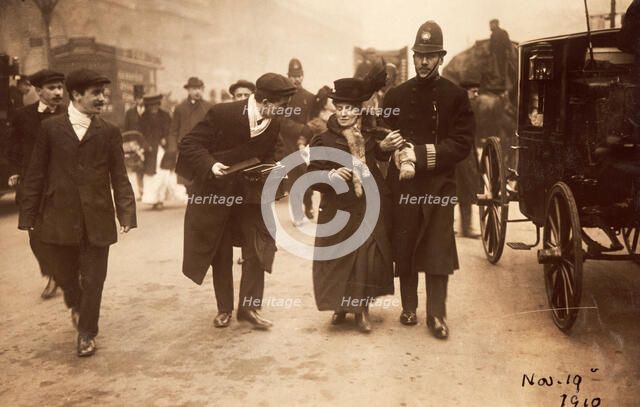 Suffragette being arrested, 19th November 1910. Artist: Unknown