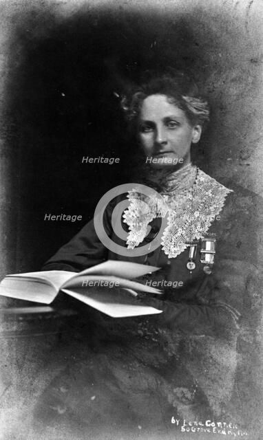 Suffragette, Lady Constance Lytton wearing a prison number badge and hunger strike medal, c1912. Artist: Unknown