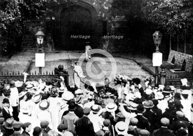 Suffragette window-breakers, released from Holloway Prison, 22 August 1908.  Creator: Unknown.