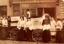 Suffragettes advertising a talk by Emmeline Pankhurst, St Pancras, London, 1910. Creator: Unknown