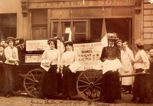 Suffragettes advertising a talk by Emmeline Pankhurst, St Pancras, London, 1910
