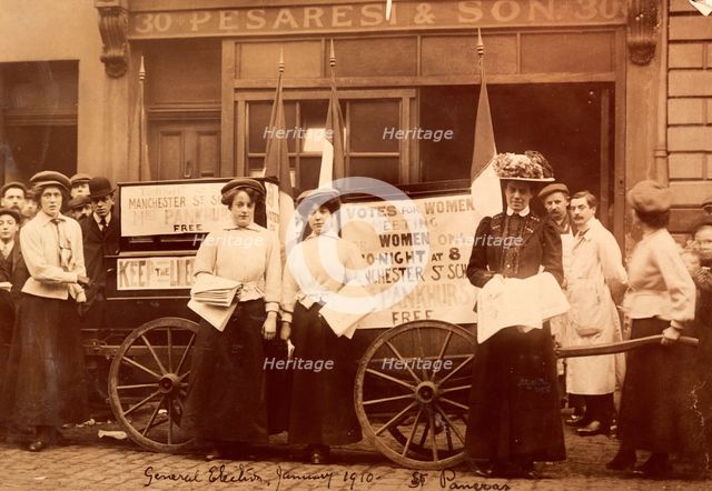 Suffragettes advertising a talk by Emmeline Pankhurst, St Pancras, London, 1910. Artist: Unknown