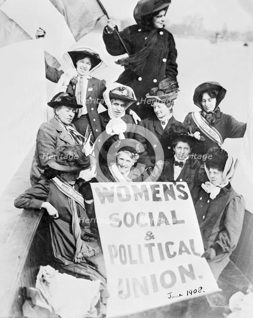 Suffragettes advertising the Women's Social and Political Union, from a boat, June 1908. Creator: Unknown.