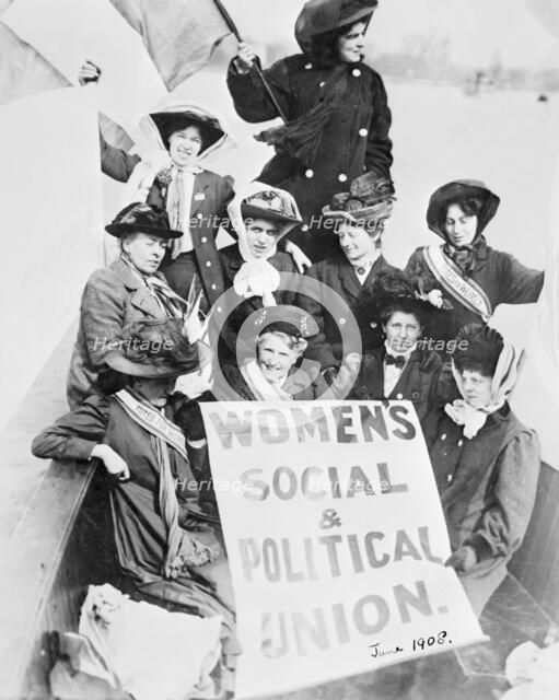 Suffragettes advertising the Women's Social and Political Union, from a boat, June 1908. Artist: Unknown