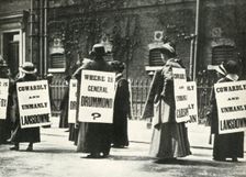 Suffragettes demonstrate outside a prison, London, 1914, (1947). Creator: Unknown