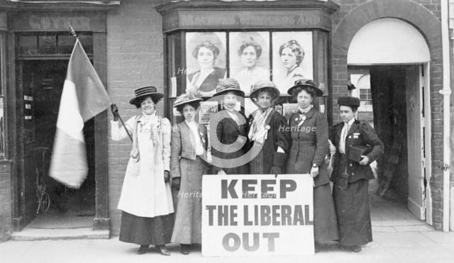 Suffragettes determined to 'Keep the Liberal Out', 1909. Artist: Unknown