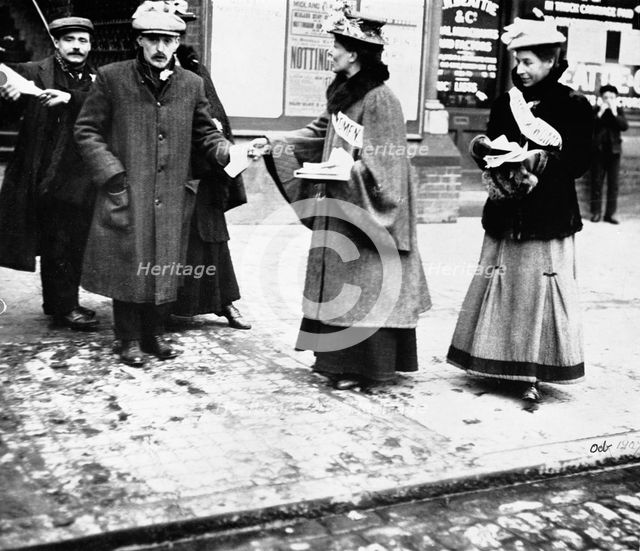 Suffragettes handing out leaflets, London, October 1907. Creator: Unknown.
