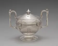 Sugar bowl with lid for the Medallion pattern tea and coffee service, 1864-1867. Creators: George Wilkinson, Gorham Manufacturing Company, J.E. Caldwell & Co