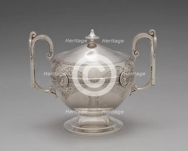 Sugar bowl with lid for the Medallion pattern tea and coffee service, 1864-1867. Creators: George Wilkinson, Gorham Manufacturing Company, J.E. Caldwell & Co.