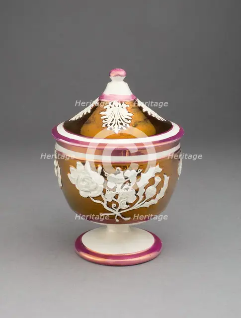 Sugar Bowl with Symbols of England, Ireland, and Scotland, Staffordshire, c. 1830. Creator: Staffordshire Potteries.