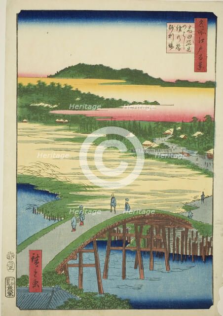 Sugatami Bridge, Omokage Bridge and the Gravel Pit at Takata (Takata Sugataminohashi Omoka..., 1857. Creator: Ando Hiroshige.
