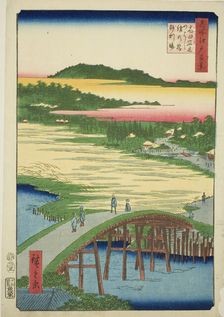 Sugatami Bridge, Omokage Bridge and the Gravel Pit at Takata (Takata Sugataminohashi Omoka..., 1857. Creator: Ando Hiroshige