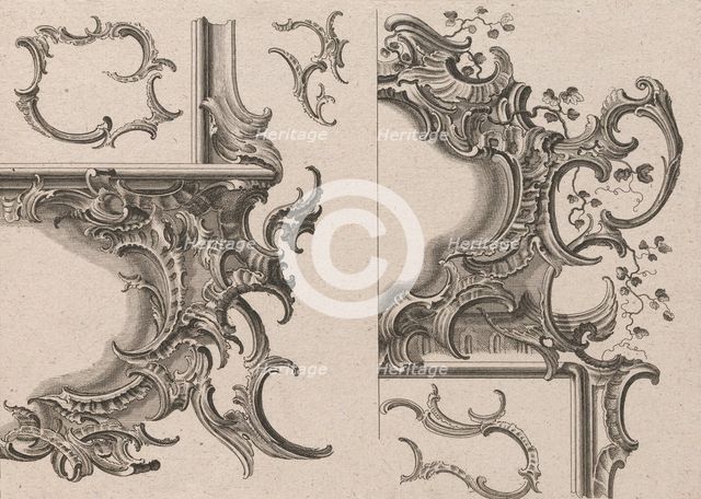 Suggestion for the Decoration of Lower Right and Top Right of a Framel, Pla..., Printed ca. 1750-56. Creator: Jeremias Wachsmuth.
