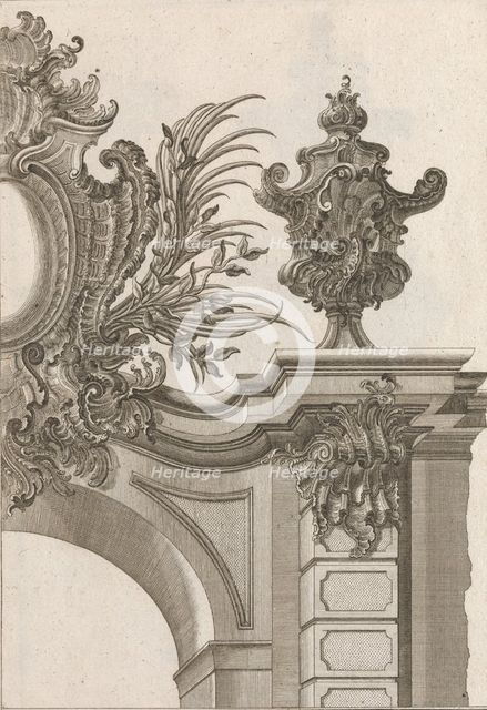 Suggestion for the Decoration of Top Right Side of Portal, Plate 3 from 'Al..., Printed ca. 1750-56. Creator: Jeremias Wachsmuth.