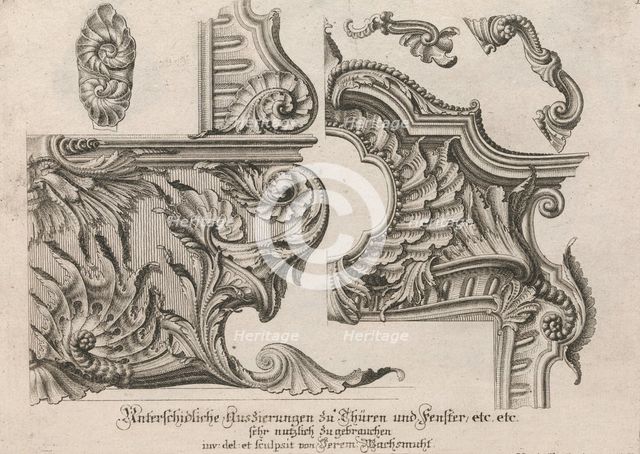 Suggestion for the Decoration of the Lower and Top Right of a Frame, Plate ..., Printed ca. 1750-56. Creator: Jeremias Wachsmuth.