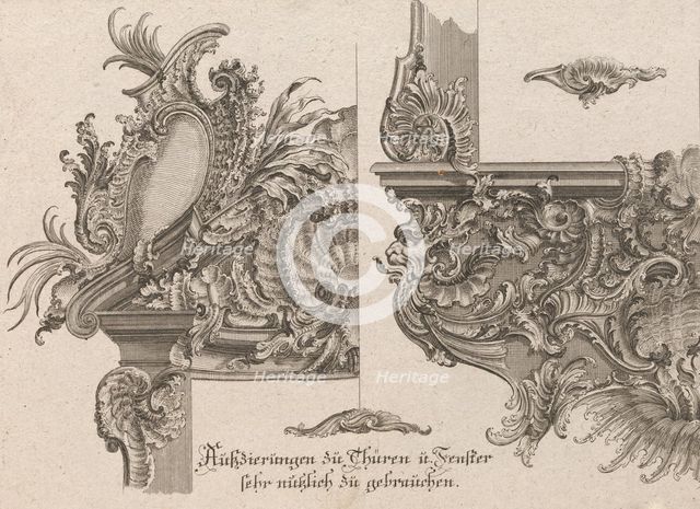 Suggestions for the Decoration of a Door and Window Frame, Plate 1 from 'Au..., Printed ca. 1750-56. Creator: Johann Sebastian Muller.