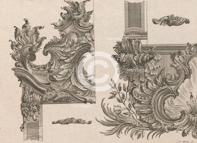 Suggestions for the Decoration of Frames, Plate 4 from 'Außzierungen zu Thü..., Printed ca. 1750-56. Creator: Johann Sebastian Muller.