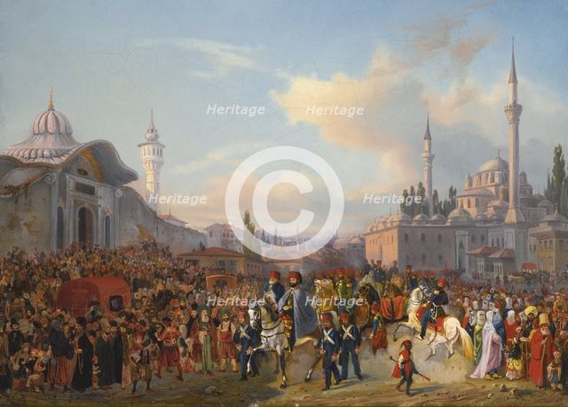 Sultan Mahmud II Leaving The Bayezid Mosque, Constantinople, 1837. Artist: Mayer, Auguste (1805-1890)