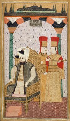 Sultan Mehmet III (reigned 1595-1603) Enthroned, Attended by Two Janissaries, c1600. Creator: Unknown