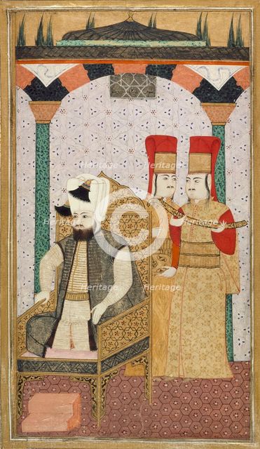 Sultan Mehmet III (reigned 1595-1603) Enthroned, Attended by Two Janissaries, c1600. Creator: Unknown.