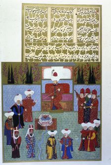Sultan Orzhan Gazi, shows the bow he had tried with a prince, a Turkish miniature... (1584 - 1589). Creator: Unknown