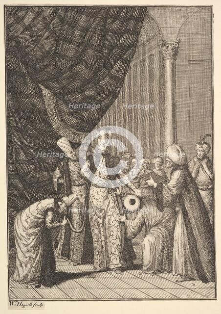 Sultan Ahmed III Crowned in the Mosque at Eyups (Aubry de La Mottraye's "Travels throug..., 1723-24. Creator: William Hogarth.