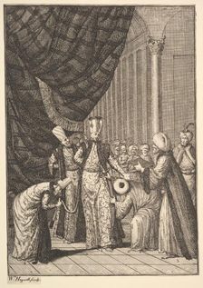 Sultan Ahmed III Crowned in the Mosque at Eyups (Aubry de La Mottraye's "Travels throug..., 1723-24. Creator: William Hogarth