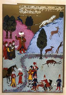Sultan Bayezid I, in a hunt, pierces an tiger with an arrow, Turkish miniature from... (1584 - 1589) Creator: Unknown