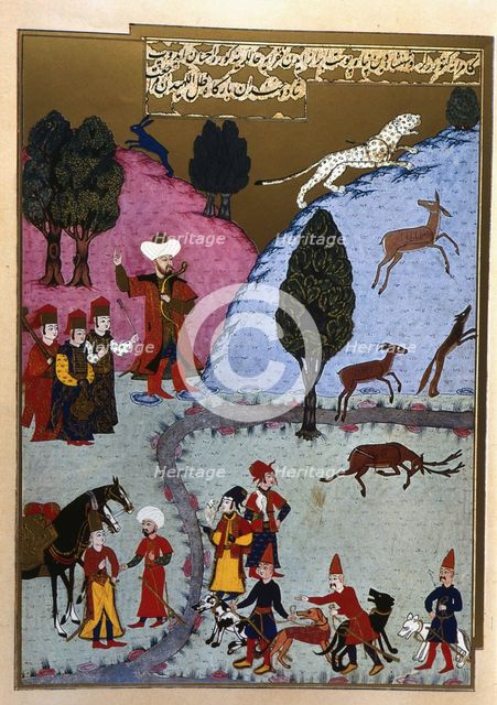 Sultan Bayezid I, in a hunt, pierces an tiger with an arrow, Turkish miniature from... (1584 - 1589) Creator: Unknown.