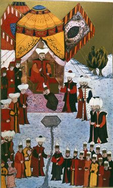Sultan Bayezit I, Sultan's arrival at Kossova from the Book of Accomplishments (1584 - 1589). Creator: Unknown