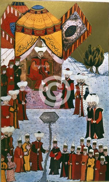 Sultan Bayezit I, Sultan's arrival at Kossova from the 'Book of Accomplishments' (1584 - 1589). Creator: Unknown.