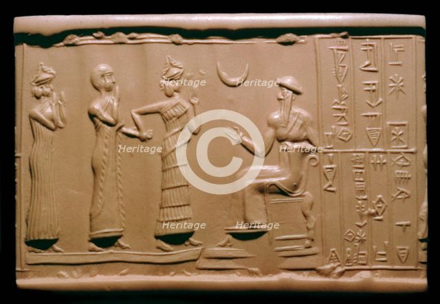 Sumerian cylinder-seal impression depicting a governor being introduced to the king. Artist: Unknown