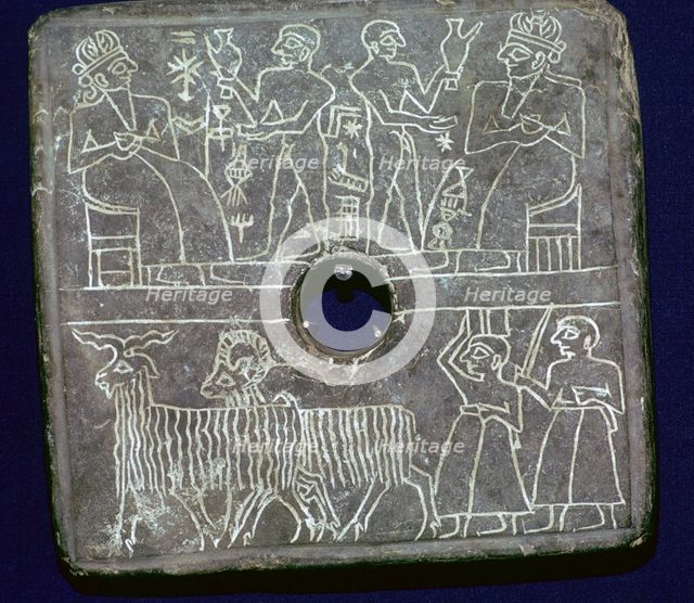 Sumerian stone plaque showing ritual offerings to a King. Artist: Unknown