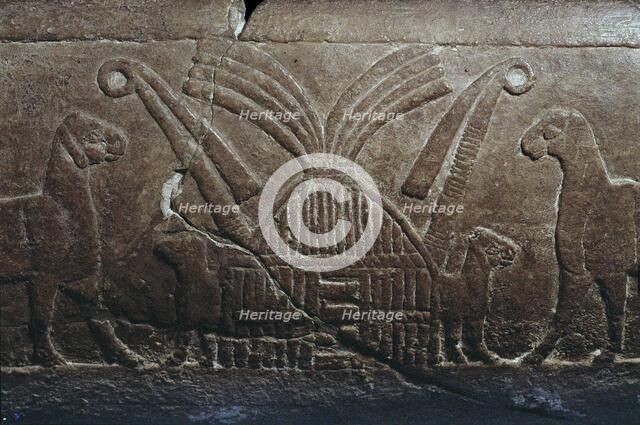 Sumerian reed house. Detail of the Uruk Trough, 3300-3000 BC. Creator: Sumerian culture.