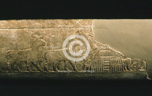 Sumerian reed house. Detail of the Uruk Trough, 3300-3000 BC. Creator: Sumerian culture.