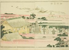 Sumiyoshi Shrine at Tsukuda (Tsukuda Sumiyoshi yashiro), from the illustrated book "Pic..., c. 1802. Creator: Hokusai
