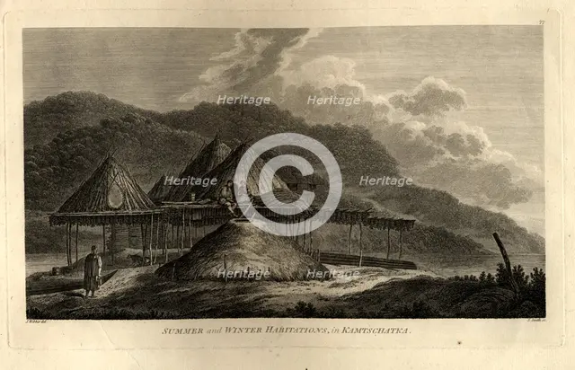 Summer and Winter Habitations in Kamchatka (from the Voyage to the Pacific Ocean), 1785. Artist: Webber, John (1751-1793)